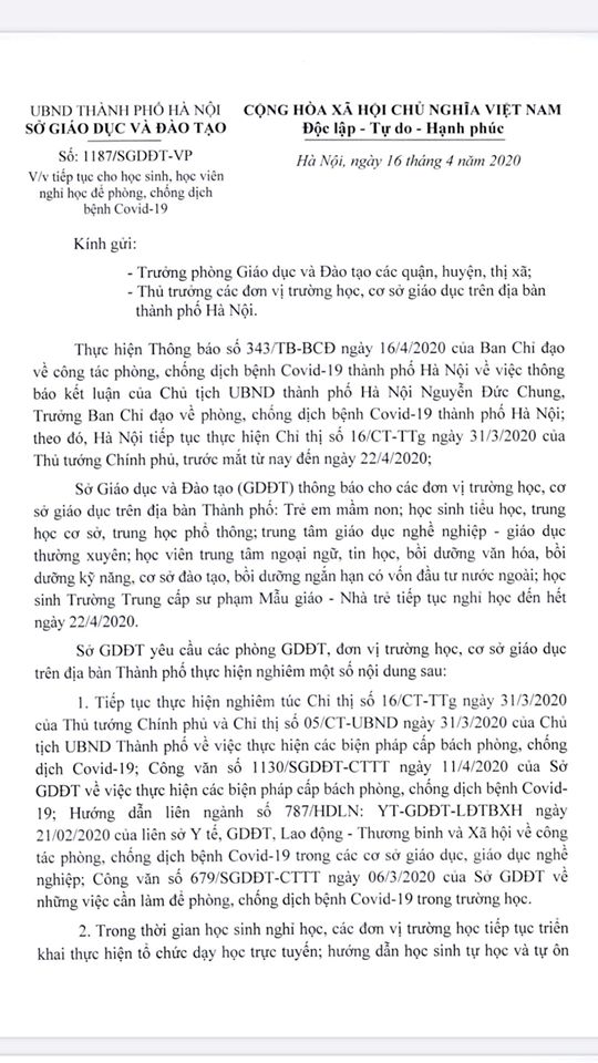 Thông báo: Tiếp tục cho học sinh nghỉ học đến ngày 22/04/2020.