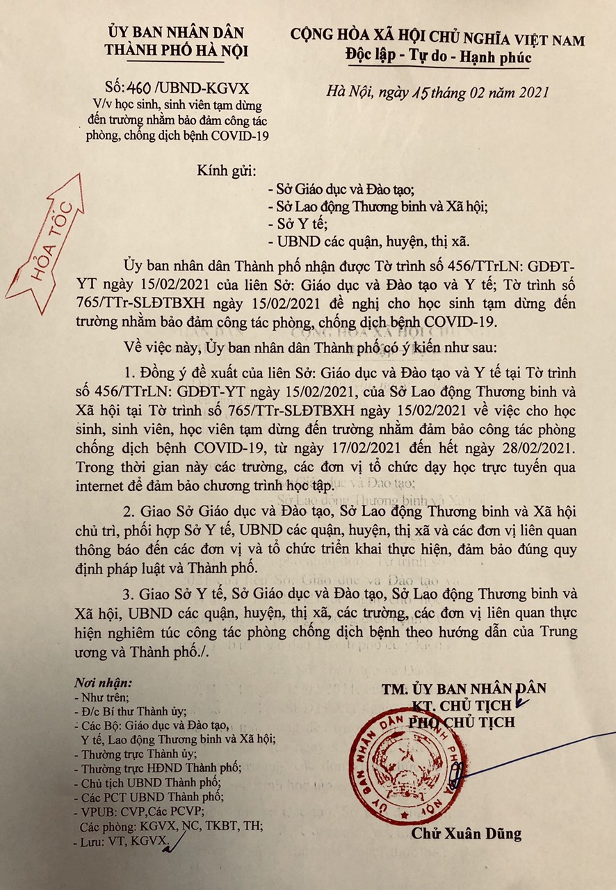 Thông báo nghỉ học tiếp đến ngày 28/02/2021 để phòng, chống dịch COVID-19