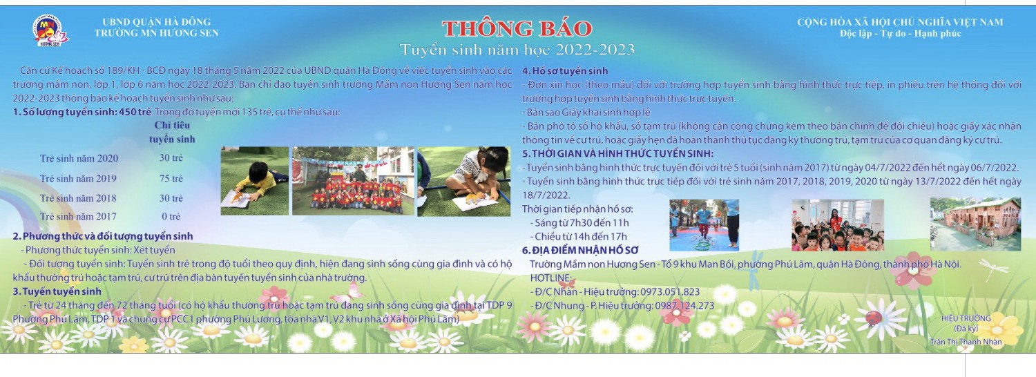 Thông báo tuyển sinh năm học 2022 - 2023 Trường mầm non Hương Sen
