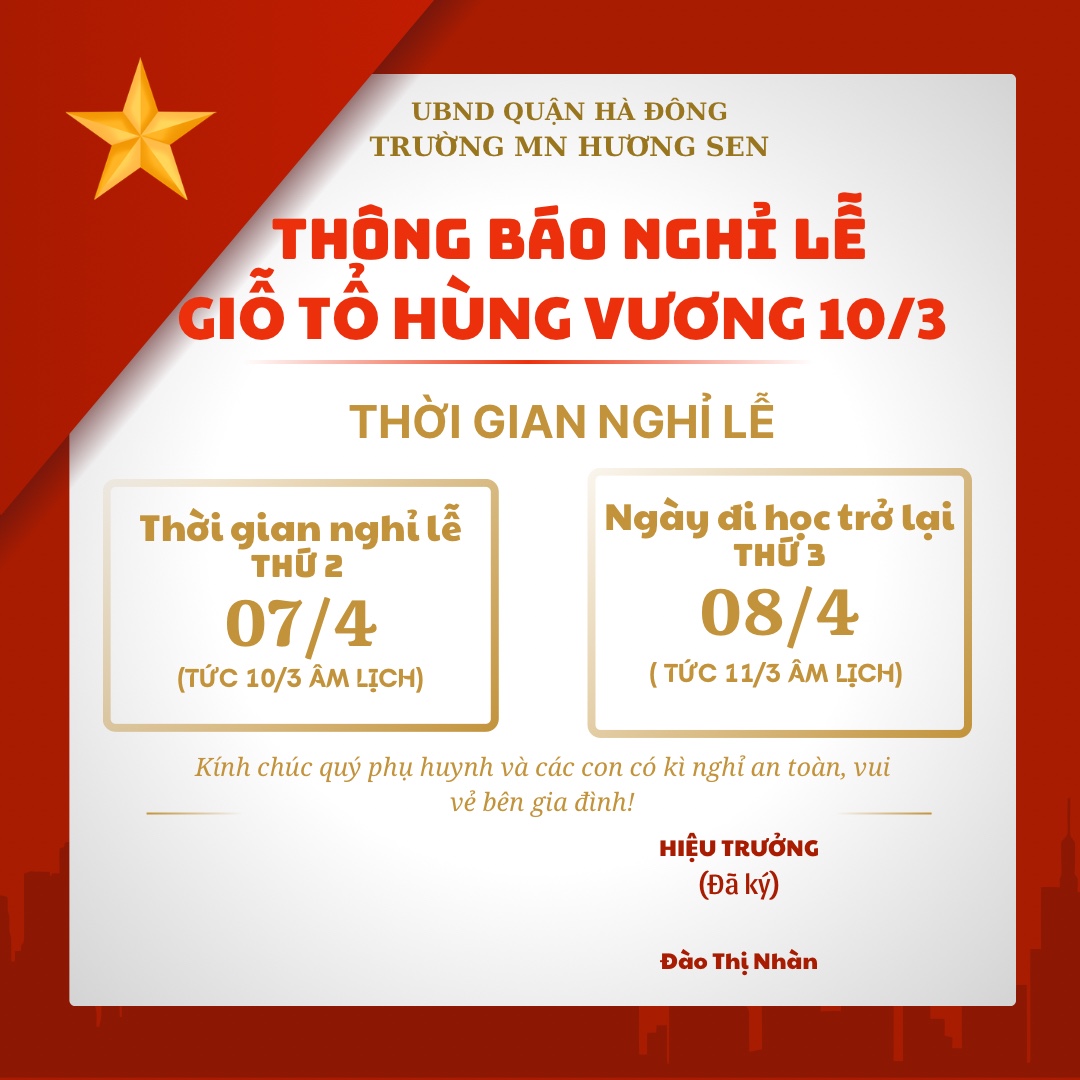 THÔNG BÁO LỊCH NGHỈ LỄ GIỖ TỔ HÙNG VƯƠNG 10/3