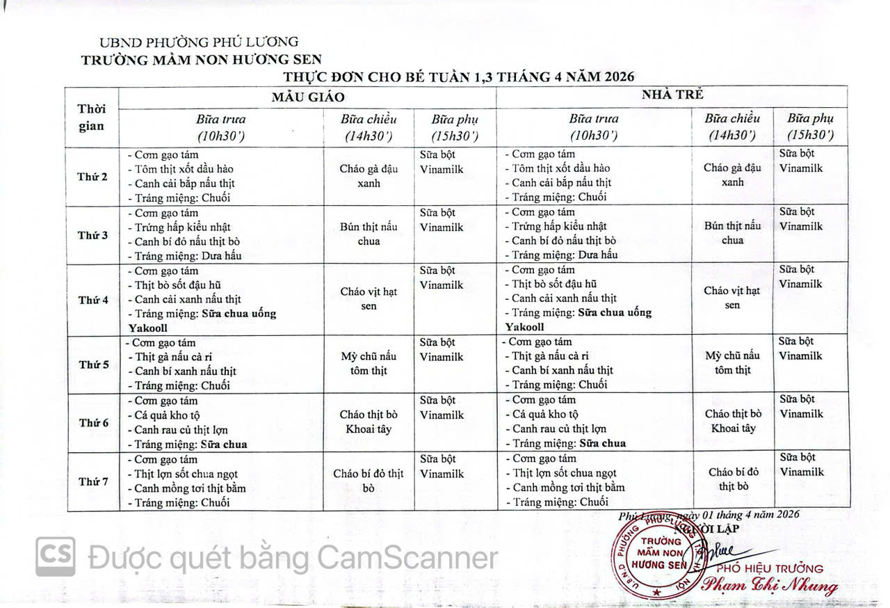 THỰC ĐƠN THÁNG 4/2026